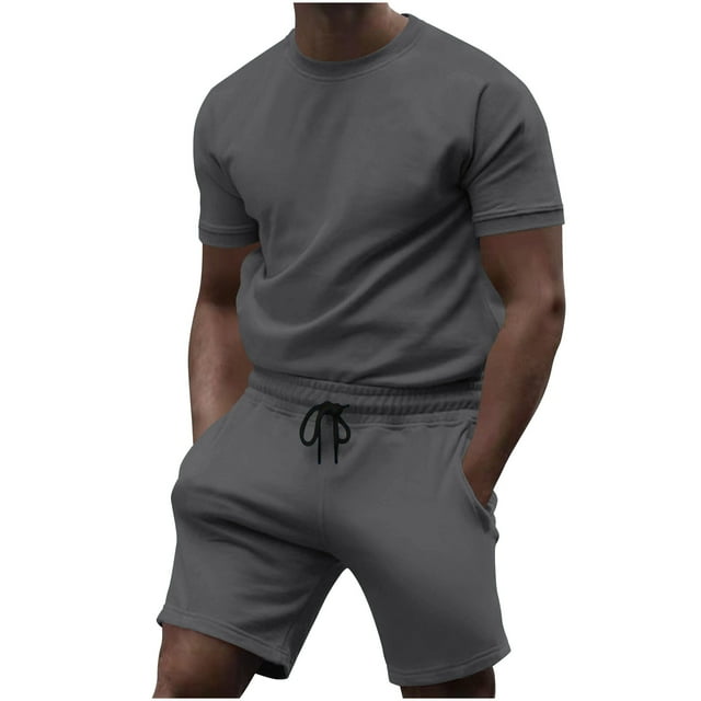 Conjunto de Pantalones de Dos Piezas de Color Sólido Casual de Manga Corta de los Hombres Camiseta Y Pantalones de Playa con Bolsillos Verano