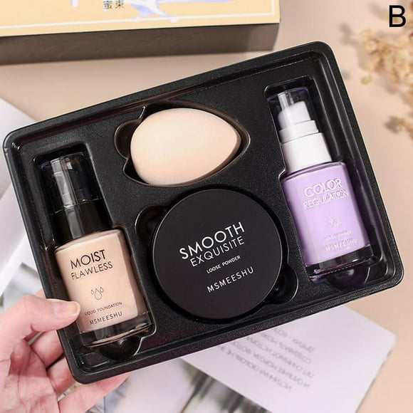 2# Purple Honey Bunch Beauty Skin Base Makeup Four-piece Set Liquid Foundation Primer Primer Primer Loose Powder Four-piece Set