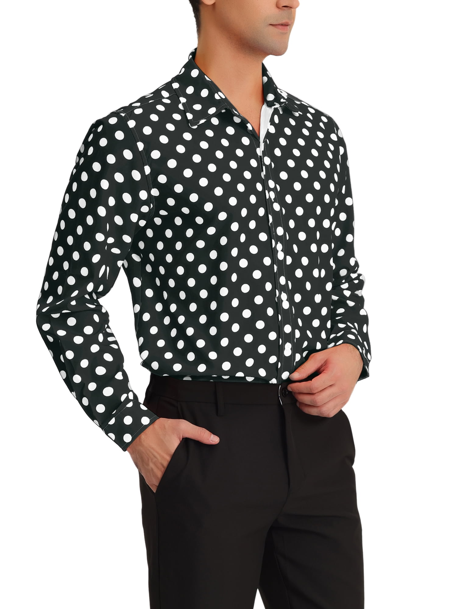 Unique Bargains Men's Polka Dots Print Dress Shirt Long Sleeves Casual Shirts 2XL Black