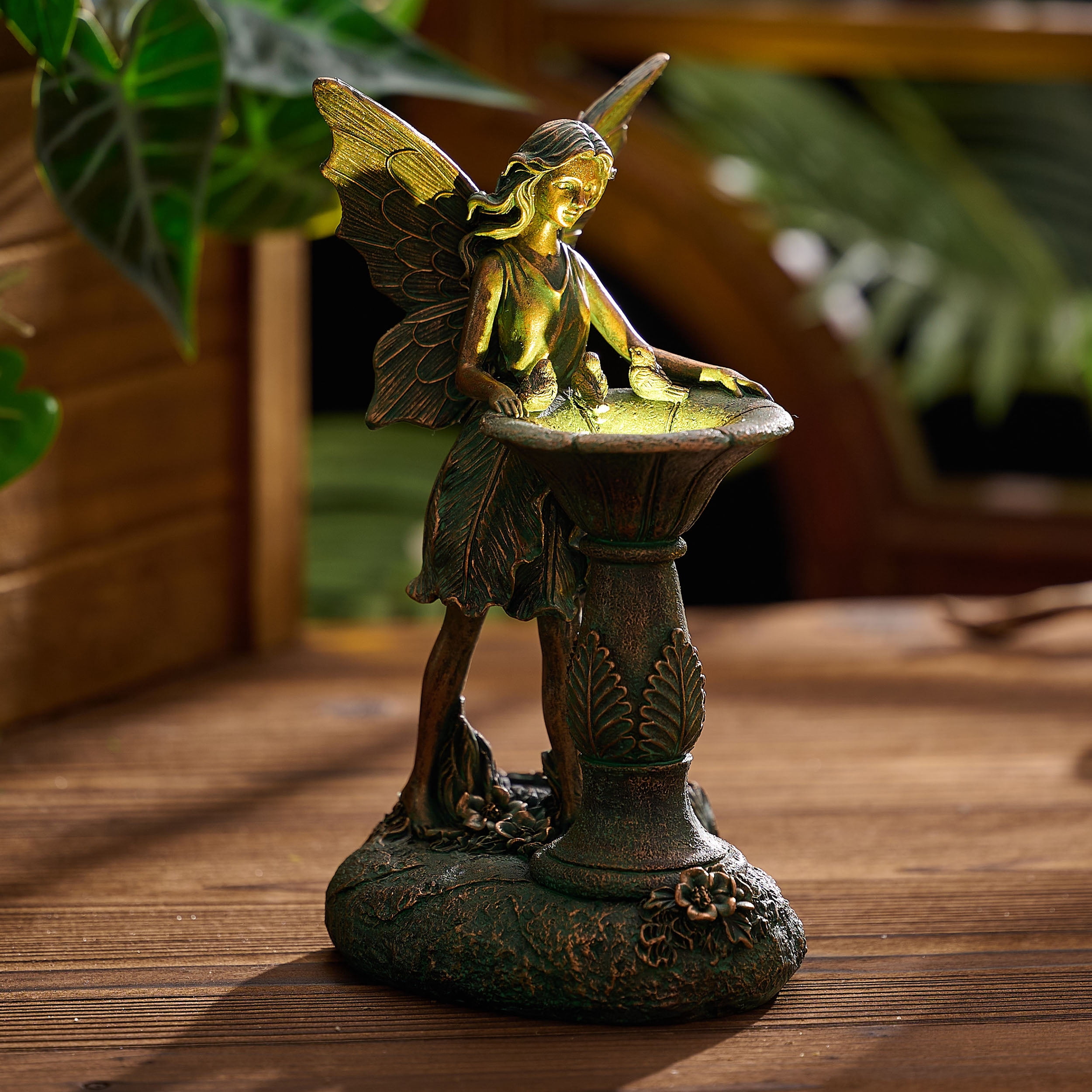 TERESA'S COLLECTIONS 9.4" Fairy Garden Statue with Solar Outdoor Light, Bronze Resin Sculpture
