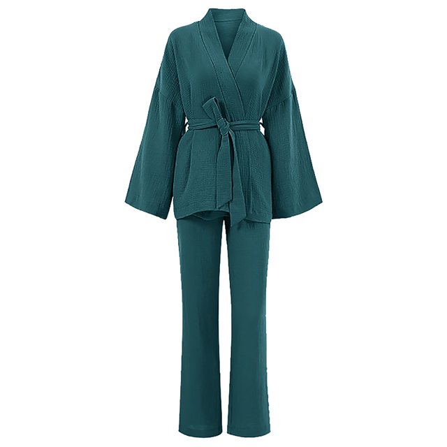Heiheiup Dresses For Women 2024 Ladies' Spring And Autumn Solid Color Fashion Long Sleeve Slacks Crepe Ladies' Solid Color Nightgown Home Clothes