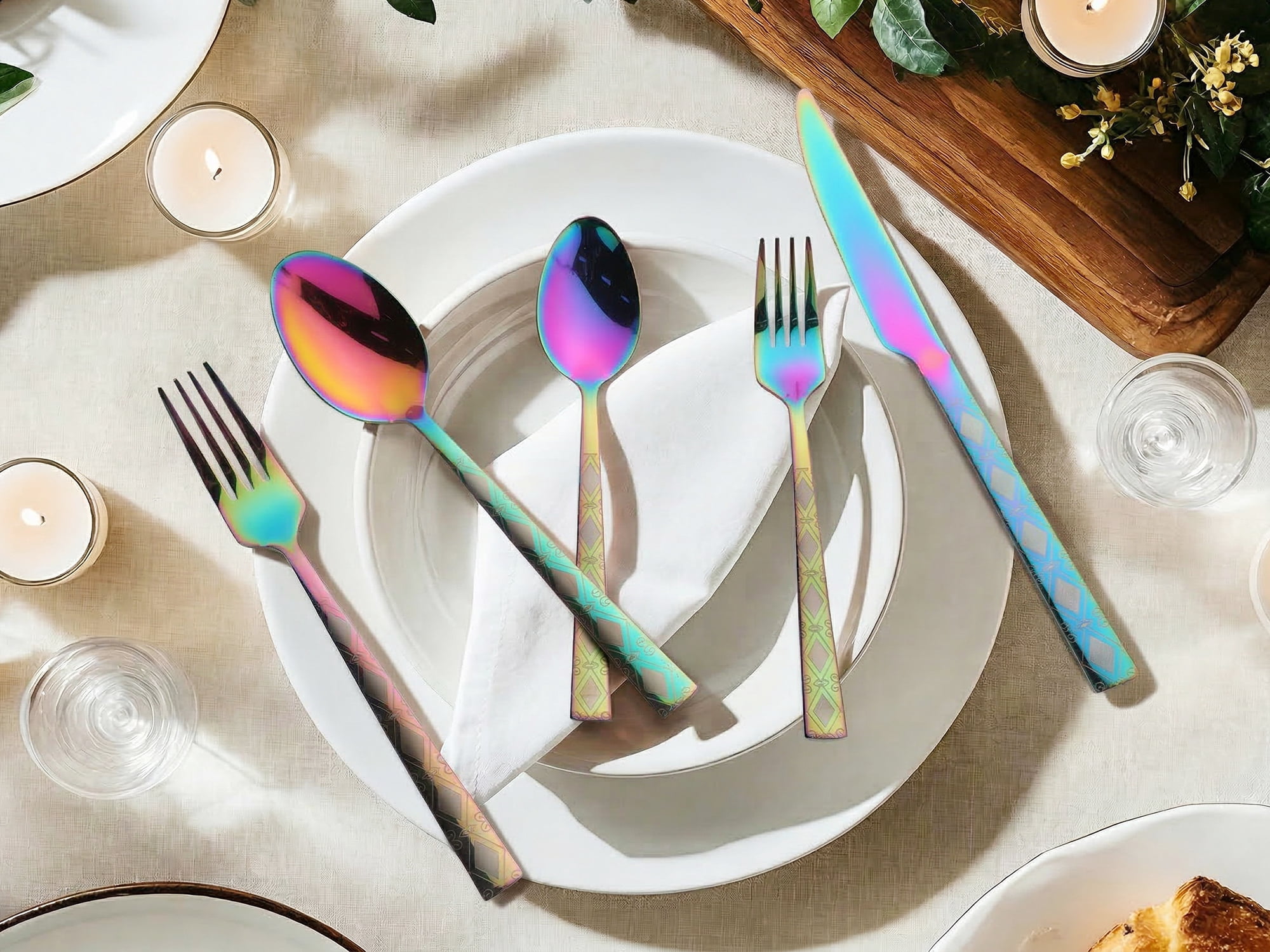 Unique Bargains 30 Piece Stainless Steel Floral Print Flatware Set for 6 Cutlery Colorful