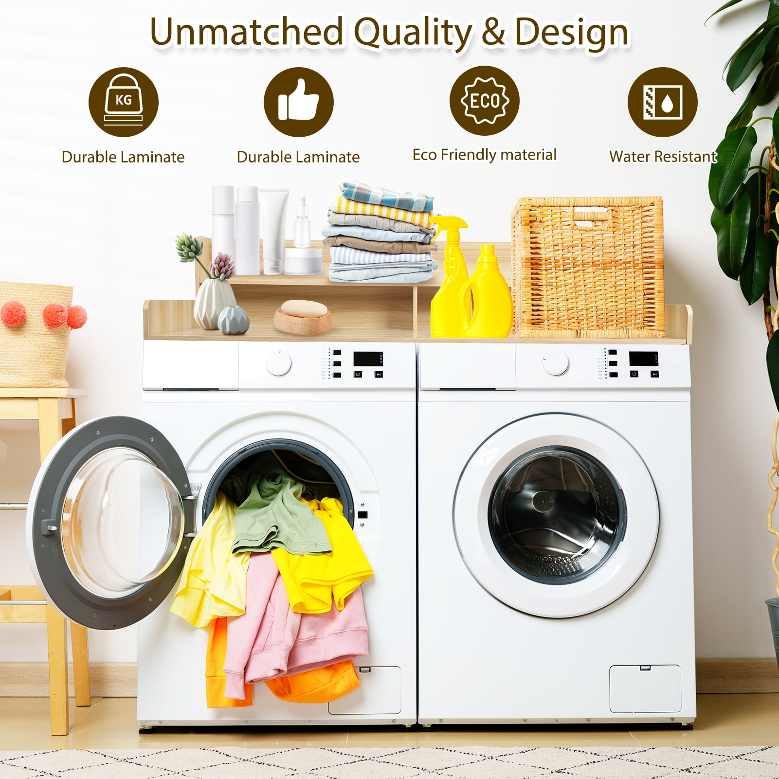 Mohsoe LaundryRoom Solid Wood Washer Dryer Countertop with 2nd Shelf & Guard Rail,54" x 27.5" Extra Wide Folding Station for Front Loader,Organizer Top with Anti-Slip Pads,Easy Assembly