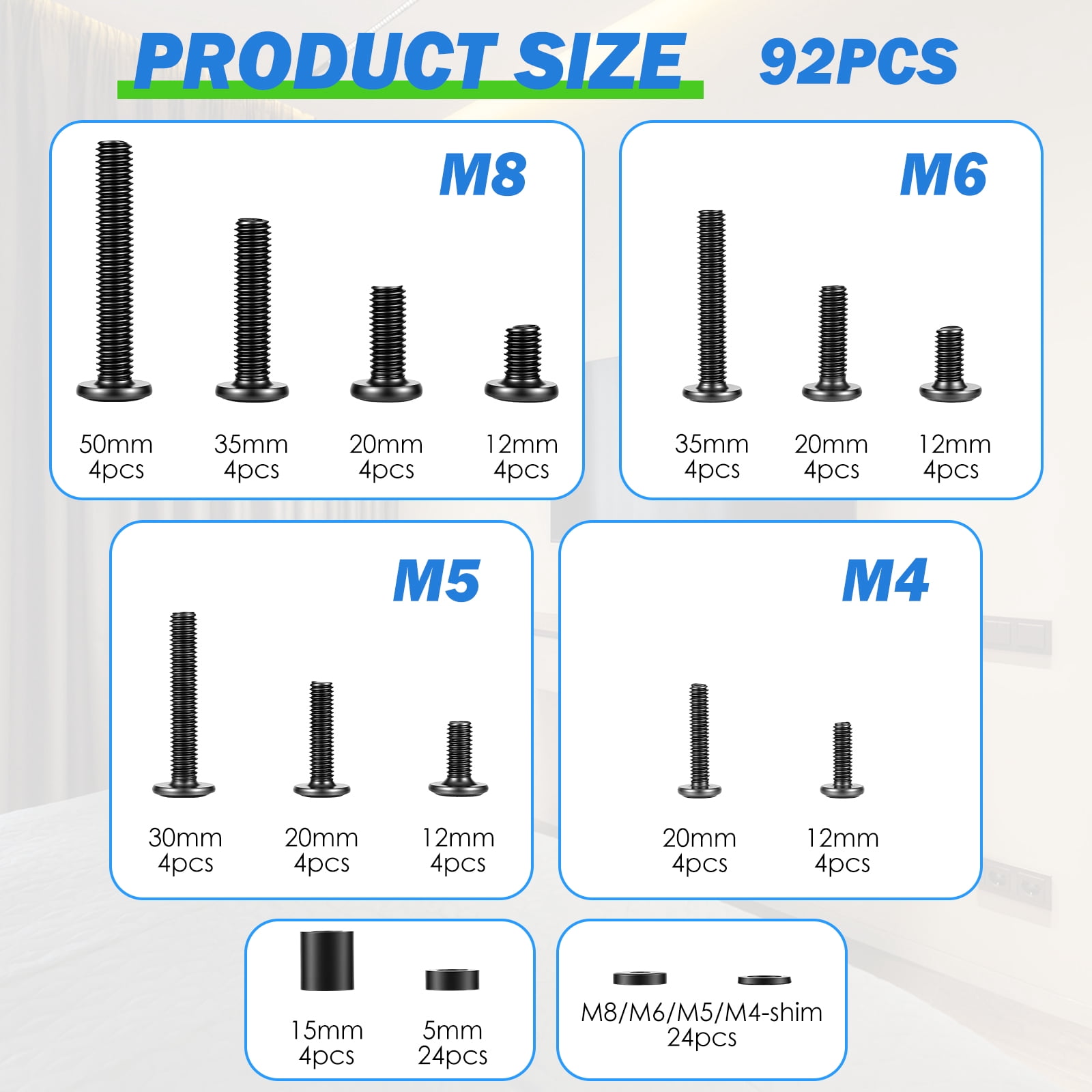 184Pcs Universal TV Mounting Hardware Screw Kit Set with Box - M4 M5 M6 M8 Metal Bolt Washer and Spacer Set for Most TV and Monitor