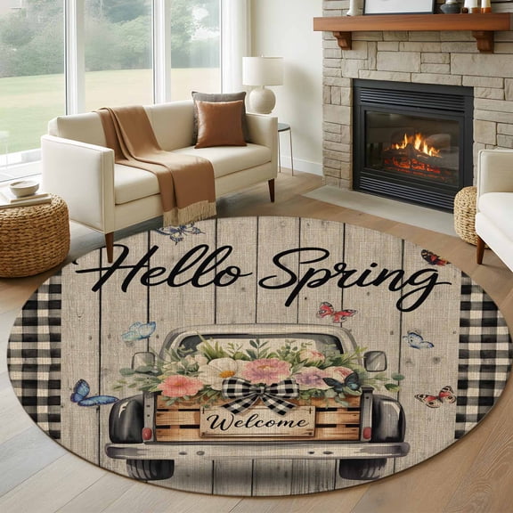 Spring Flower Round Area Rug 5Ft Washable Circle Rugs for Living Room Bedroom, Farmhouse Vintage Truck Black Plaid Wood Grain Non-Slip Carpet Floor Mats Indoor Outdoor Carpet Runner Home Decor