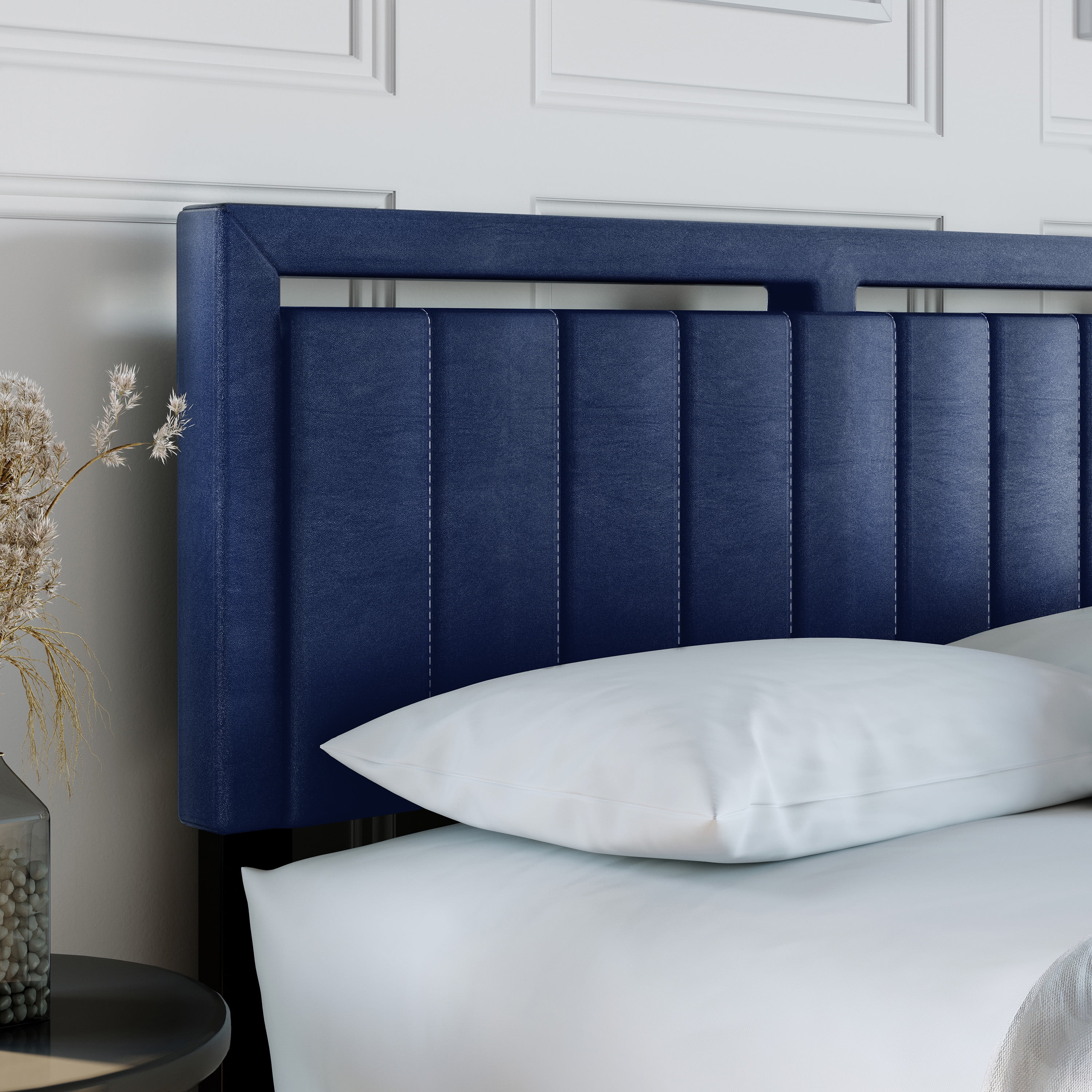 Boyd Sleep Beaumont Blue Faux Leather Full Size Fully Upholstered Platform Bed Frame with Adjustable Headboard