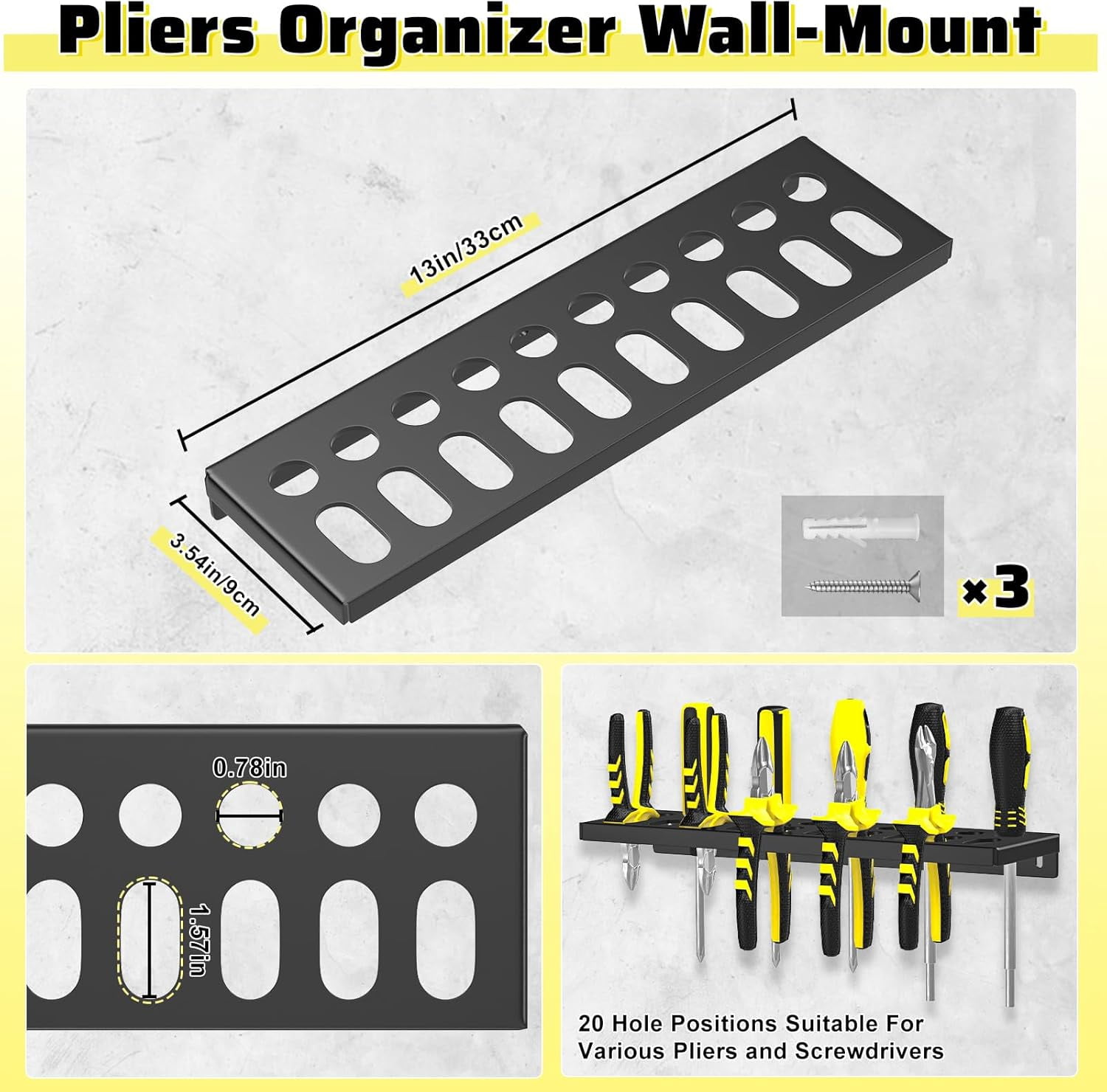 Wall Mount Tool Organizer Rack, 4 Pcs Metal Storage Board for Workshop, Garage, Workbench - Screwdriver, Pliers, Hammer Holder