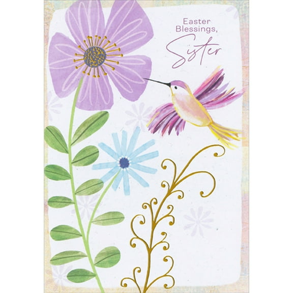 Designer Greetings Easter Blessings: Hummingbird Hovering Near Large Purple Flower Religious Easter Card for Sister
