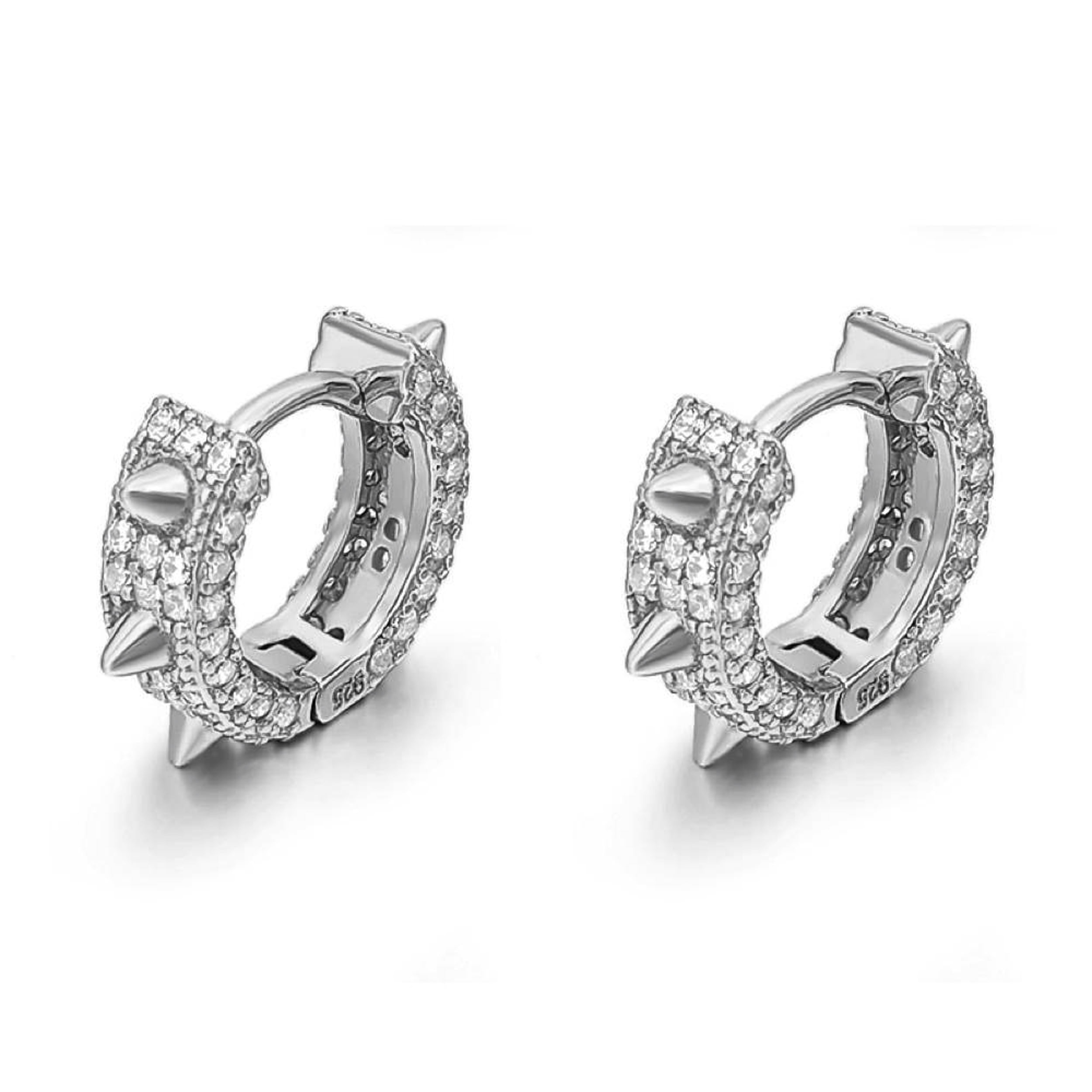 Iced Spike White Gold Plated 925 Sterling Silver Post Huggie  Punk Style Small Thorn Hoop Earrings for Men Women  Hoops Earrings