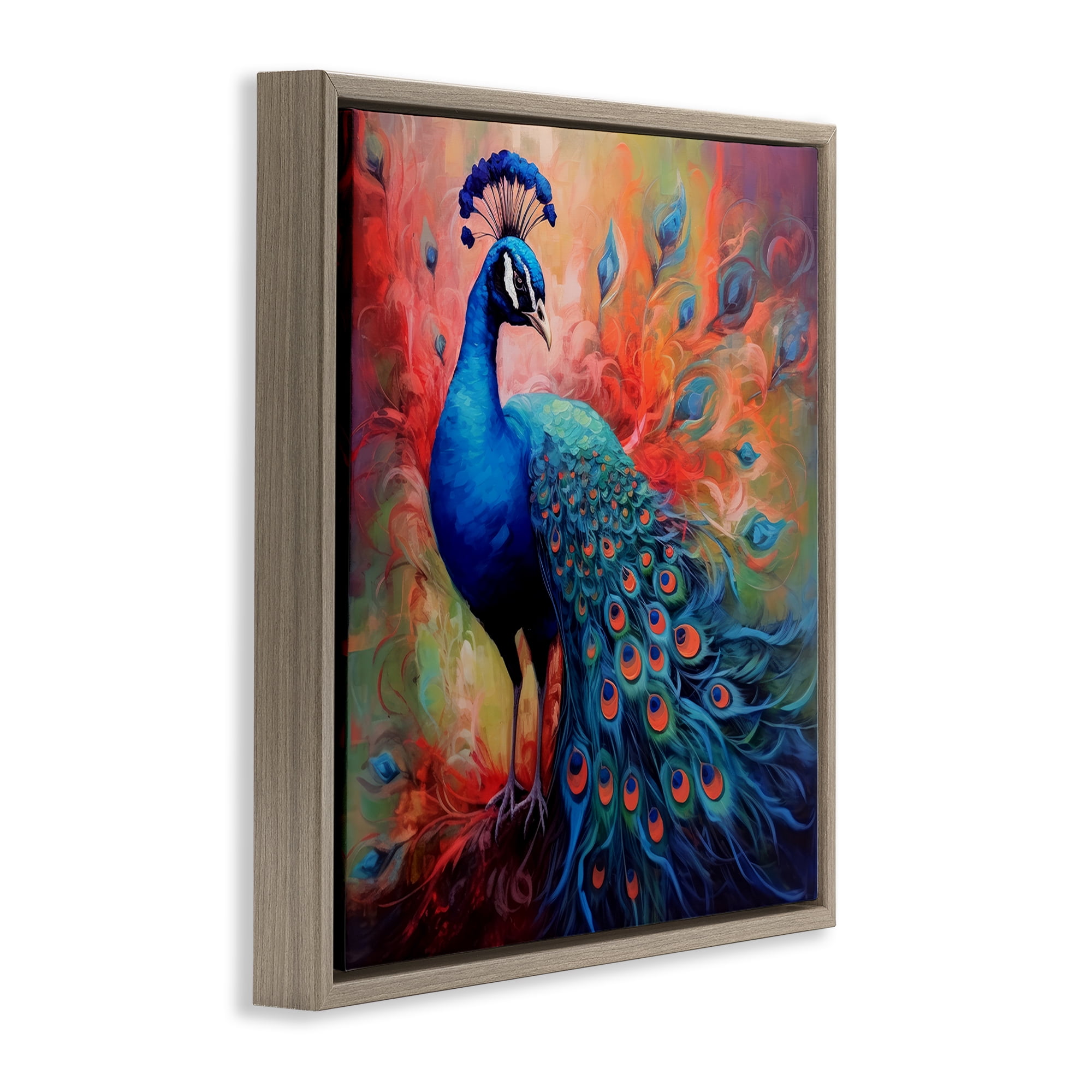 Stupell Industries Feathered Fantasy Peacock Animals Painting Brown Floater Framed Canvas Art Print Wall Art, 25 x 25