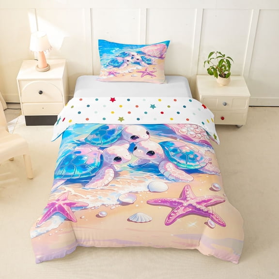 spefrowx Kawaii Beach Turtle Twin Duvet Cover for Girls, Pink Gloss Pearl Clam Shell Starfish Twin Bedding, Polka Dot Reversible, 2pcs, 1 Duvet Cover and 1 Pillowcase