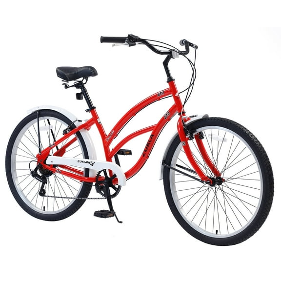 Zukka 26" Women Cruiser Bike 7 Speed Steel Frame Bicycle for Women Red