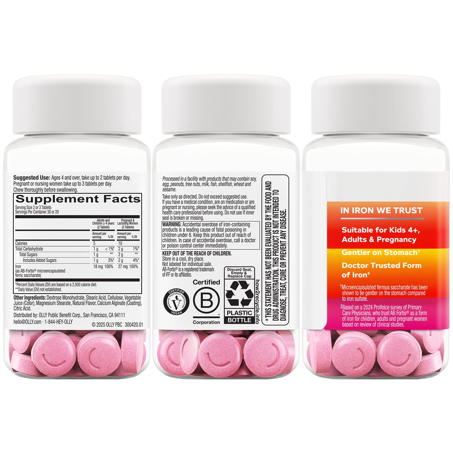 OLLY Delightful  Iron Chewable Tablet Supplement Iron from AB Fortis Fruit Punch Flavor 60 Count