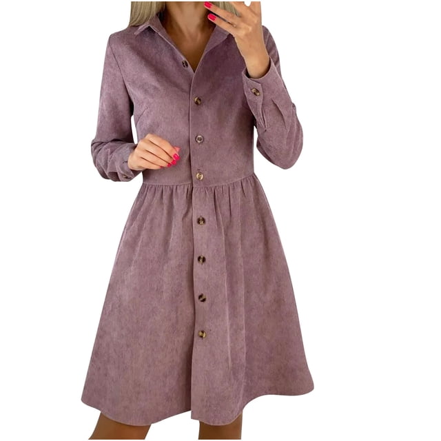 KIHOUT Robe Mode Décontractée pour Femmes Col à Revers Couleur Unie Robe à Manches Longues