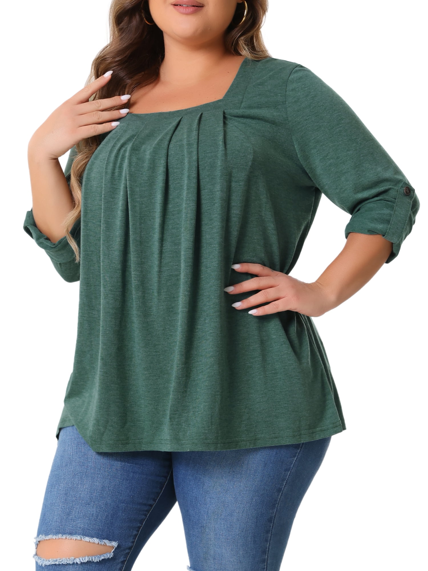 DARING DIVA Women's Plus Long Sleeves Square Neck Flowy Pleated Top 3X Green
