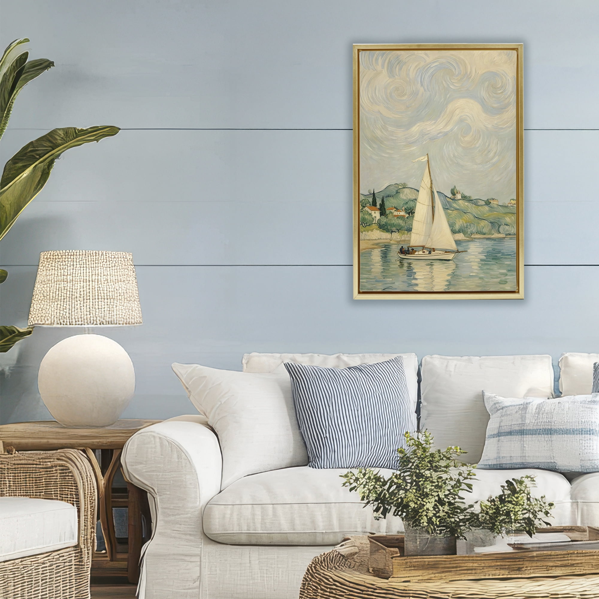 Stupell Industries Sailboat Beneath Swirling Clouds Gold Framed Floater Canvas Wall Art, design by Angie Hawke