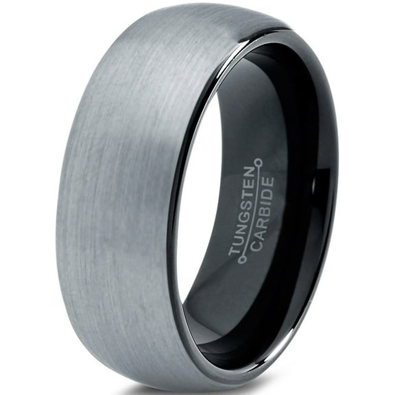 Charming Jewelers Tungsten Wedding Band Ring 8mm for Men Women Comfort Fit Black Domed Round Brushed Lifetime Guarantee