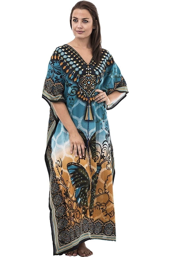 Womens Long Cool Kaftans Butterfly Print with Waist Tie Blue