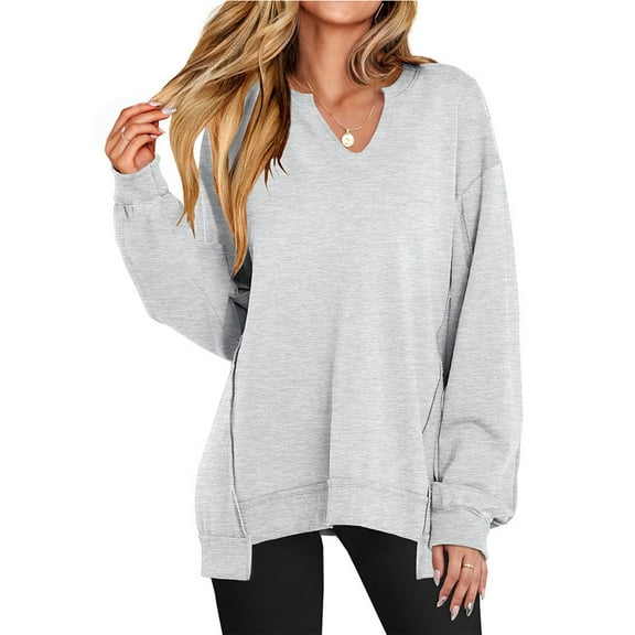 Mohiass Womens Oversized Sweatshirt V Neck Long Sleeve Tunic Lightweight Pullover 2025 Fashion Loose Cozy Tops Light Gray L