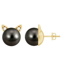 Rosec Jewels Cute Cat Stud Earrings for Mom, Tahitian Pearl Earrings with Moissanite - 10 mm, 10K Yellow Gold