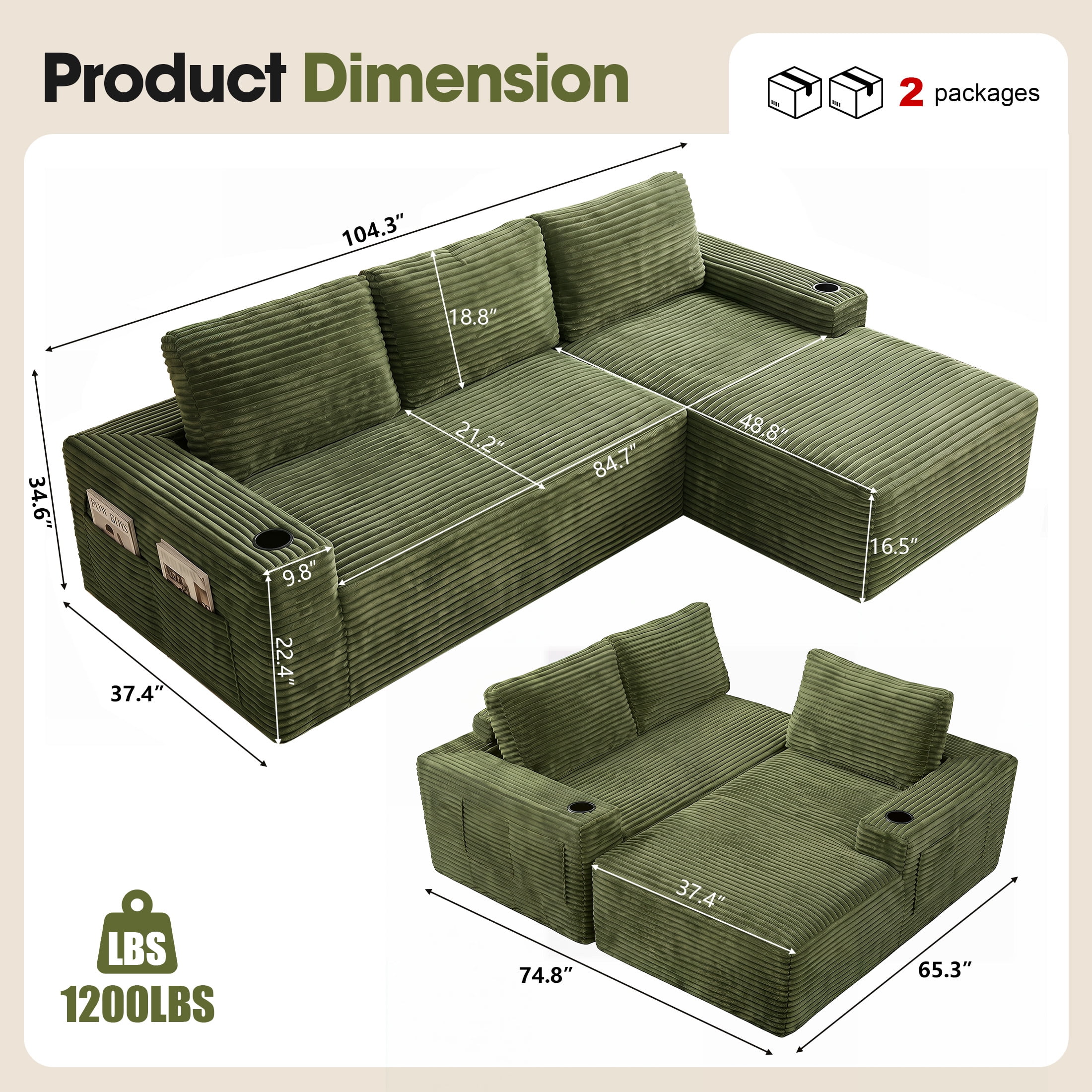 Aenkyo 104 Inch Corduroy L-Shaped Cloud Sectional Sofa with Right Facing Chaise and Cup Holders, Green