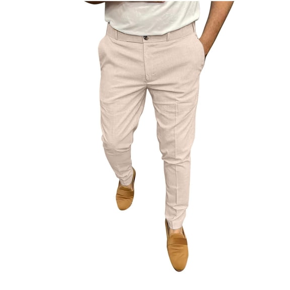 safuny Men's Activewear Solid Color Work Pants Casual Straight Leg Cotton Suit Pants Mid Waist Trousers Big&Tall Fashion Business Flat Front Pant Dress Pants Beige L