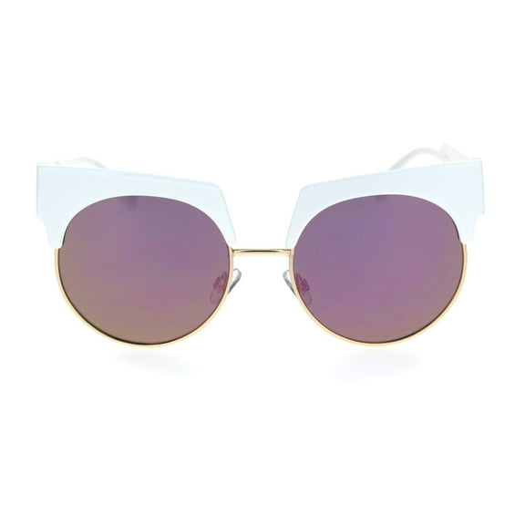 Womens Half Rim Eyebrow Horn Round Retro Sunglasses White Gold Purple Mirror