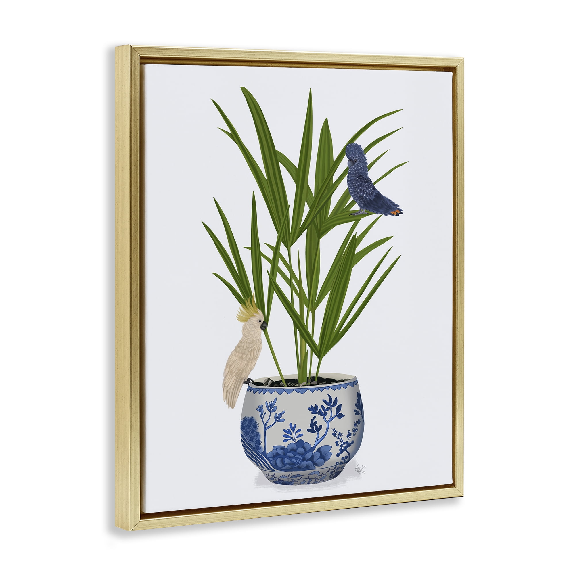 Stupell Industries Cockatiels on Planter Botanical & Floral Painting Gold Floater Framed Canvas Art Print Wall Art, 17 x 21