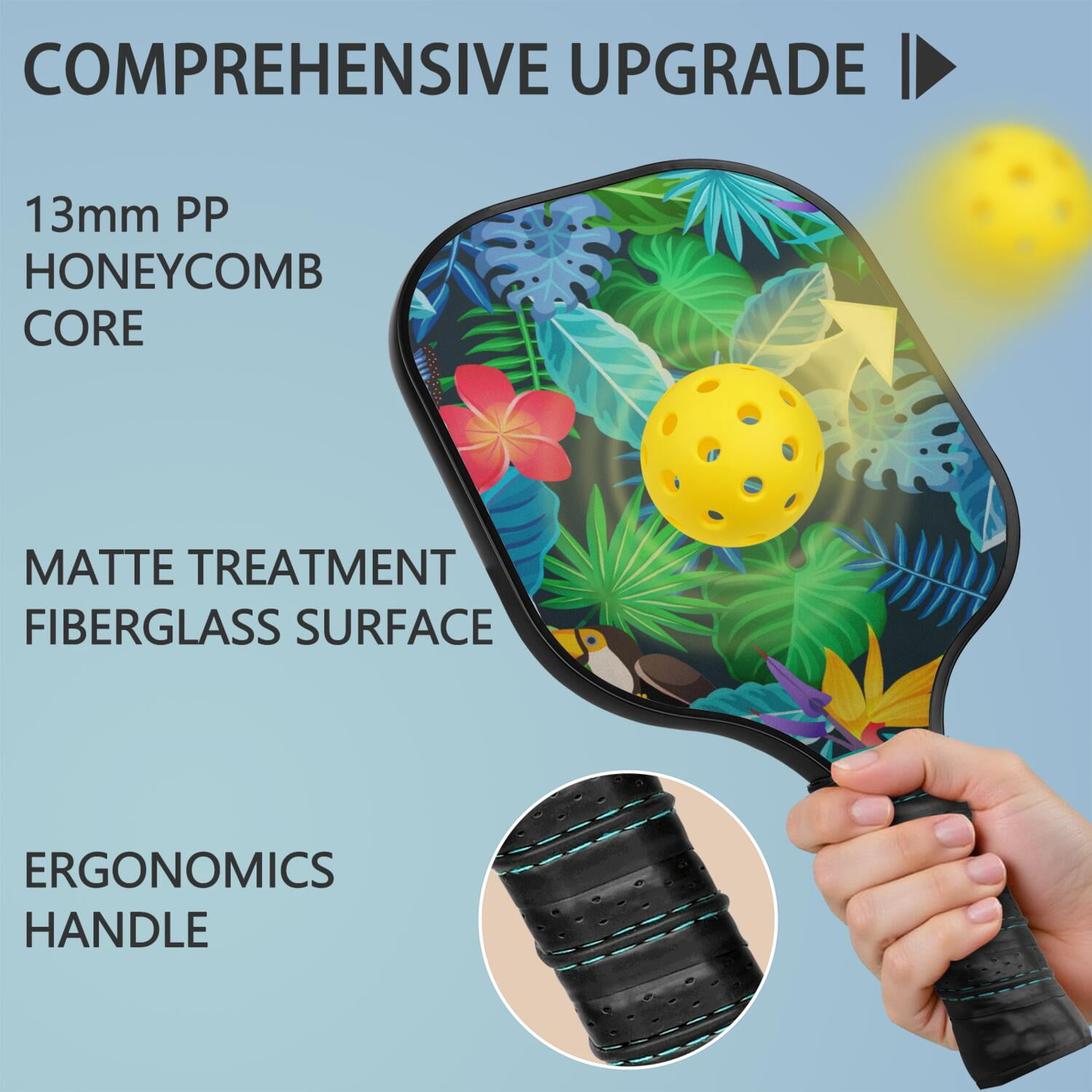 Pickleball Paddles Set Of 1, Fiberglass Surface, Tropical Leaf Print, 1 Paddle, 2 Balls & Bag