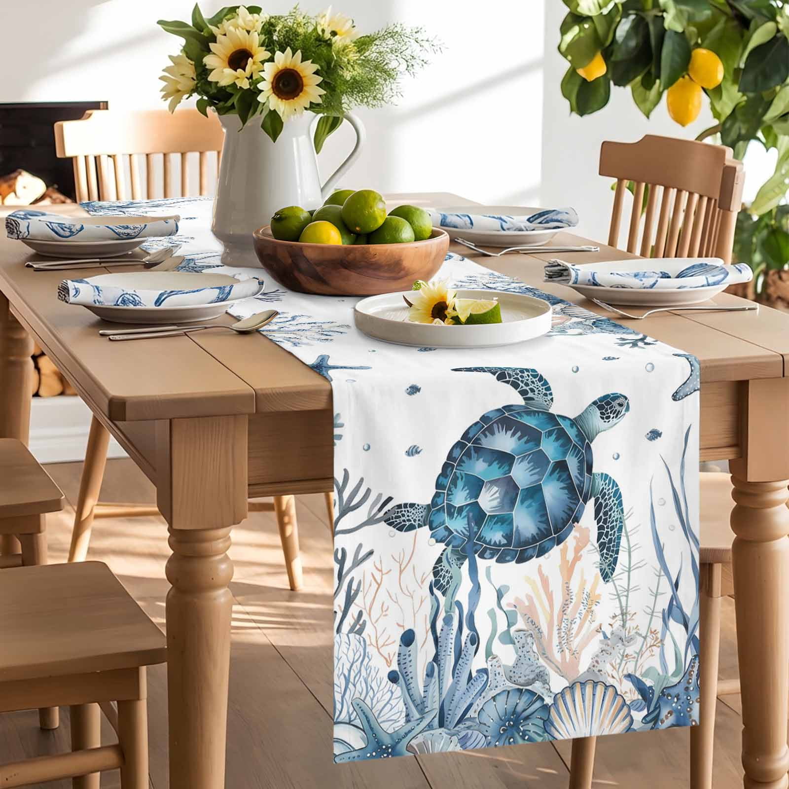 Sea Turtle Starfish Shell Seaweed Table Runner 90 Inches Long, Blue Ocean Marine Life Table Runners Tabletop Scarf Kitchen Dining Tables Decoration for Home Party Indoor Outdoor