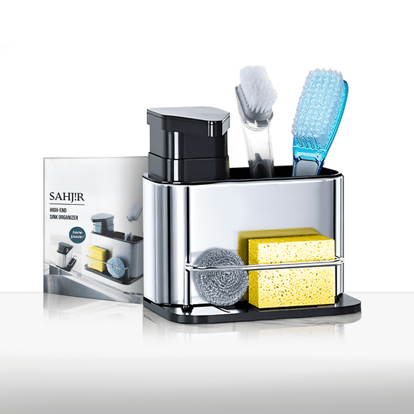 3-in-1 Kitchen Sink Caddy Organizer, Dish Sponge Holder for Kitchen Sink Caddy, Storage Compartment for Brushes & Detergents, Stainless Steel with Tray Drainer Rack, Organized Kitchen Accessories