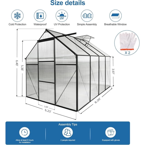 Acekid 6x8 FT Greenhouse Heavy-Duty Polycarbonate Aluminum Green House Kit with Sliding Door and Adjustable Roof Vent Black
