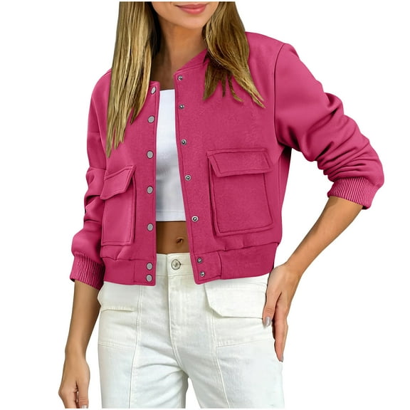 RYRJJ Womens Cropped Varsity Bomber Jacket Fall Winter Long Sleeve Stand Collar Shacket with Side Pocket Lightweight Coat(Hot Pink,M)