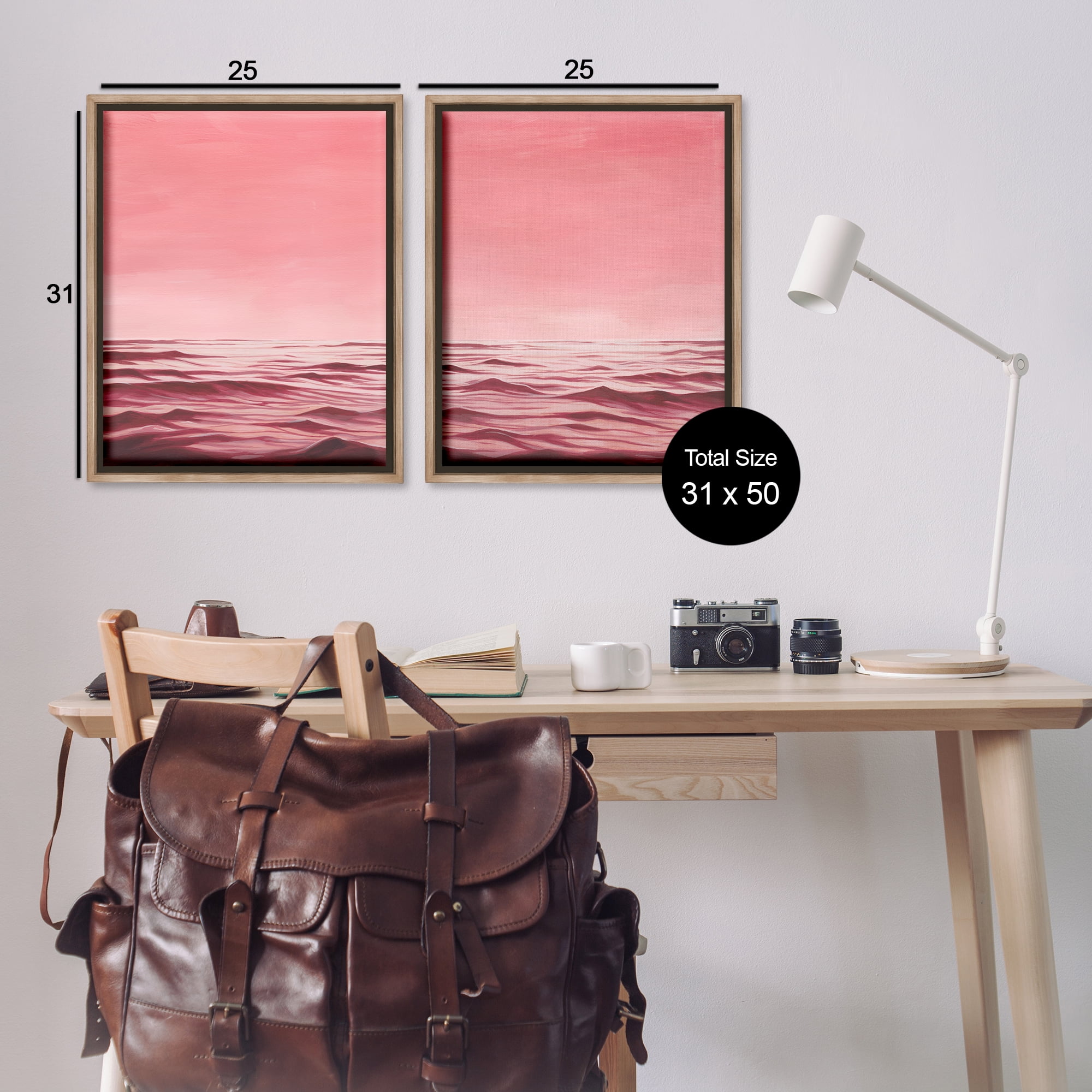 Stupell Industries Pink Calm Seascape Nautical & Beach Painting Brown Floater Framed Canvas Art Print Wall Art, 31 x 25, Set of 2