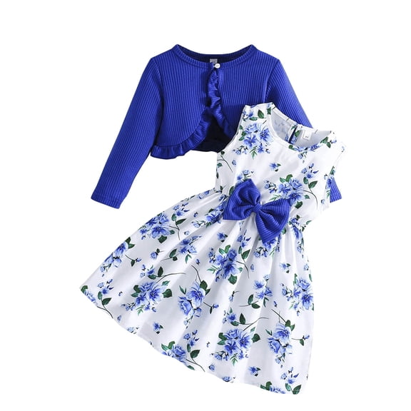 Girls 2-Piece Floral Dress & Cardigan Set Royal Blue Ruffled Easter Spring Church Party Outfit,Size 8-9T