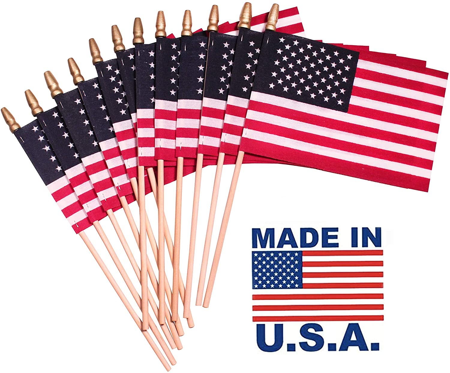 Lot of 12 American Stick Flag.12" X 8" SEWN EDGE Wood Tip USA Made Memorial Day 