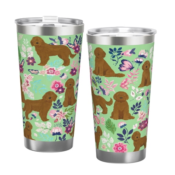20oz Brown Doodle Dog Tumbler with Handle and Straw Floral Puppy Stainless Steel Insulated Travel Coffee Cup Gift with Double Silver Rim