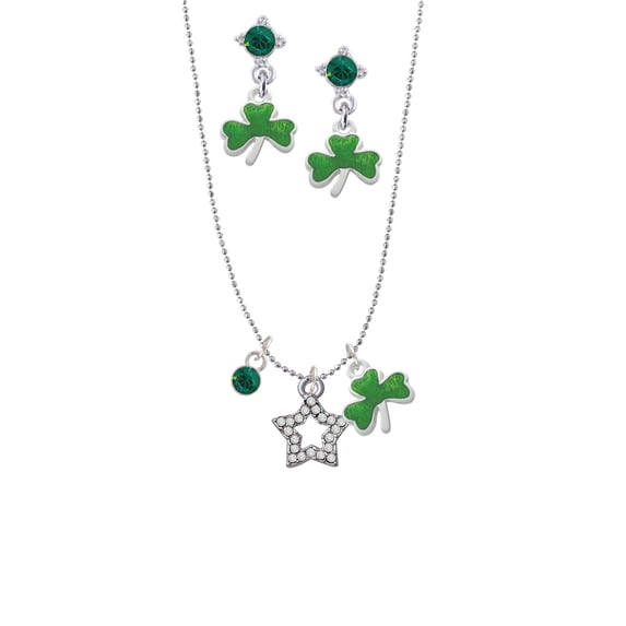 Delight Jewelry Silvertone Clear Crystal Lucky Star Green Shamrock Necklace and Clover Earrings Jewelry Set