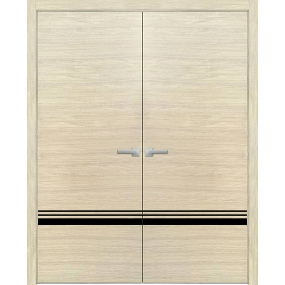Solid French Double Doors 36 x 80 inches | Planum 0012 Natural Veneer with Frosted Glass | Wood Solid Panel Frame Trims | Closet Bedroom Sturdy Doors