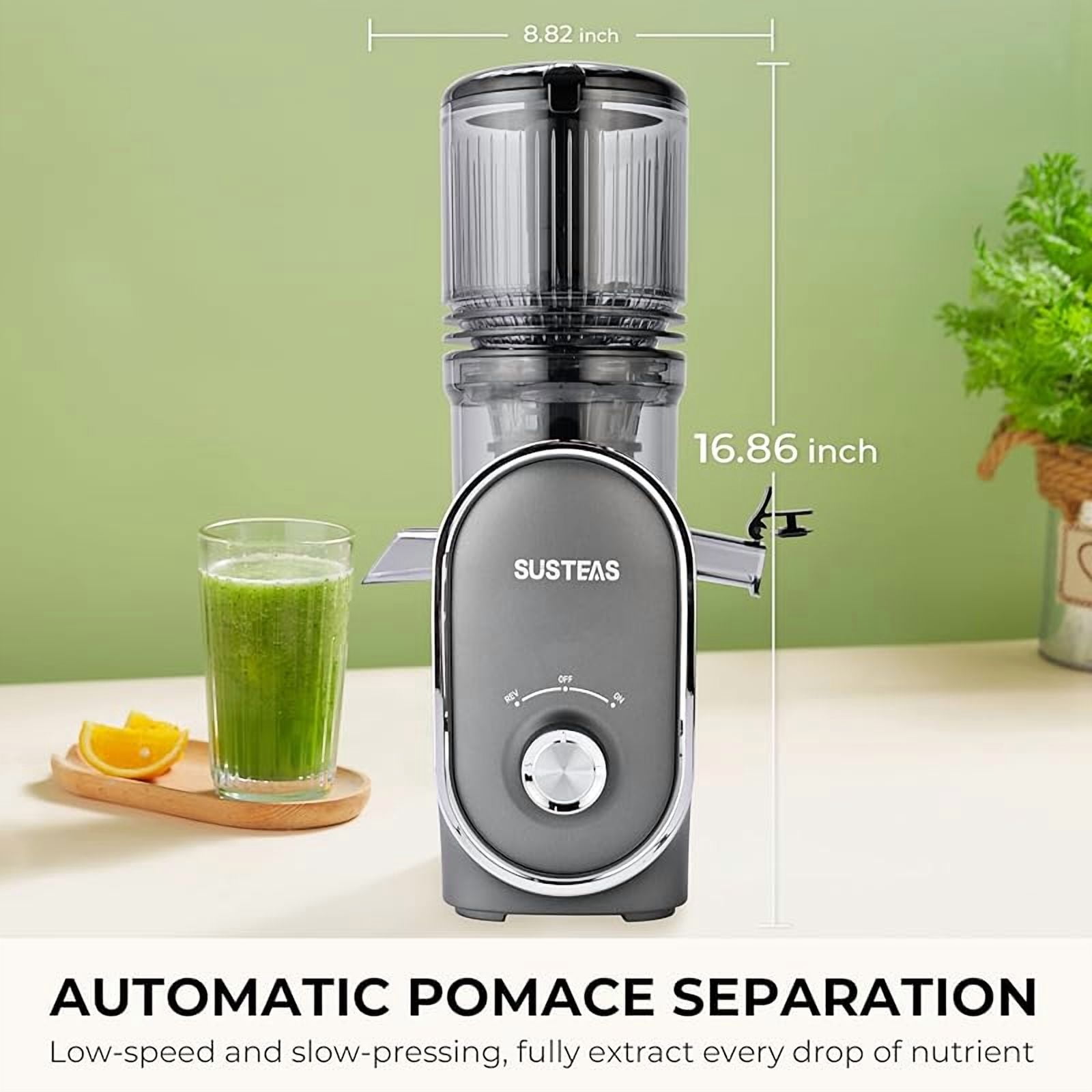 SUSTEAS Cold Press Juicer Machines, 5.3" Feed Chute(50oz Capacity), 300W Slow Masticating Juice Extractor for Whole Fruits and Vegetables, Automatic Feed, Easy to Clean, High Juice Yield,Silver gray