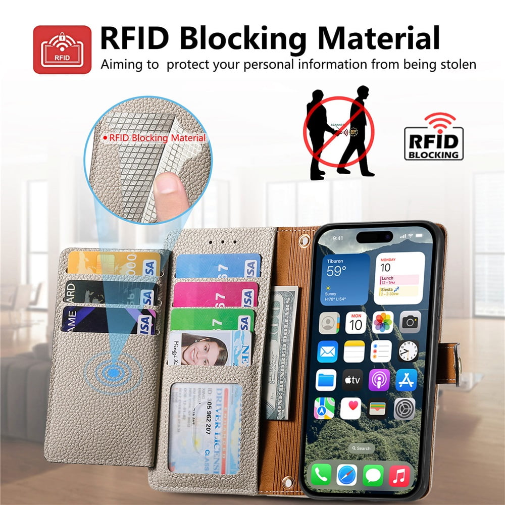 For iPhone 17 Pro Max Leather Phone Case Wallet Zipper Pocket Pouch Folio Flip Cover Kickstand, Multi Anti-theft Card Holder Cash Slot, Double Magnetic Buckle, Wrist Lanyard,Gray