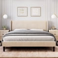 thumbnail image 1 of Elegant tamaño completo-size wingback marco de cama: vertical stripe velvet forrado, 2 almacenamiento pockets, sturdy wood slats, fácil montaje, beige, no box spring required, 1 of 8