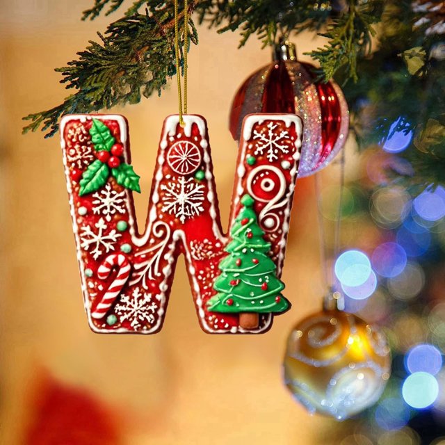 26 Pieces Red Letters Christmas Tree Decorations Candy Cane Letters With Berry Pattern Mini Alphabet Hanging Ornaments Party Home 2D Acrylic Christmas Tree Weight Ornament Stained Glass Flower Window