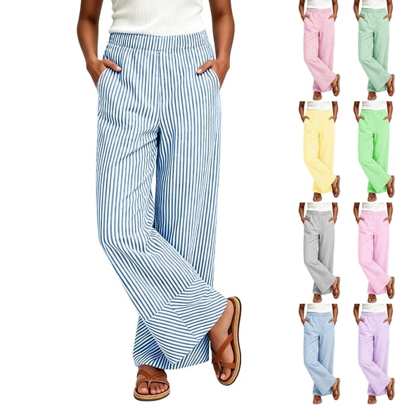 Wide Leg Pants for Women Ihhxva Striped Summer Elastic Waist Casual Trousers with Pockets Flowy Linen High Beach Vacation Loose Fit S-3XL