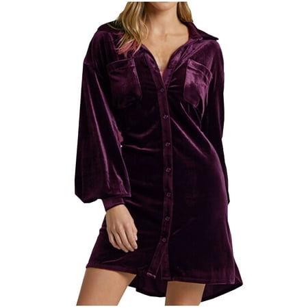 

Reduced Price and Clearance Sale Button Down Shirts for Women Long Velvet Solid Full Sleeve Blouses Winter Open Front Lapel Pajamas Coats with Pockets