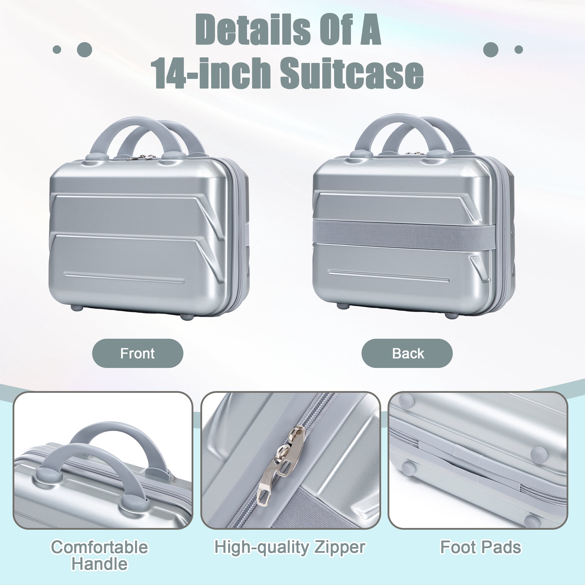 Alvantor 2 Pcs Luggage Set with Combination Lock, 20" ABS Spinner Suitcase & 14" Cosmetic Case, Silver