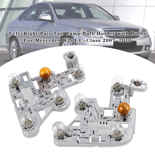 Left and right tail lamp bulb holders with bulbs for Mercedes W204 C-Class 2007-2010. The image shows two ABS plastic bulb holders with integrated halogen bulbs, designed as direct replacements for original car halogen lamp models. The holders feature a lightweight, anti-rust design with stable performance and high reliability. A silver Mercedes W204 C-Class is visible in the background.