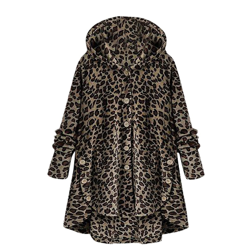 Alueeu Womens Jacket Soft Fleece Button Leopard Coat Fleece Asymmetrical Hem Hooded Pullover Top Sweater 
