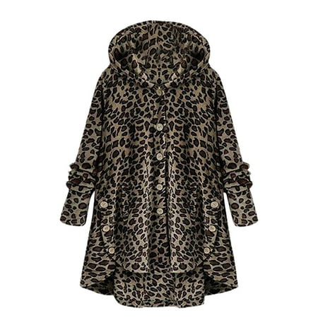 Cotonie - (Toponeto) Women Button Leopard Coat Fleece Asymmetrical Hem ...
