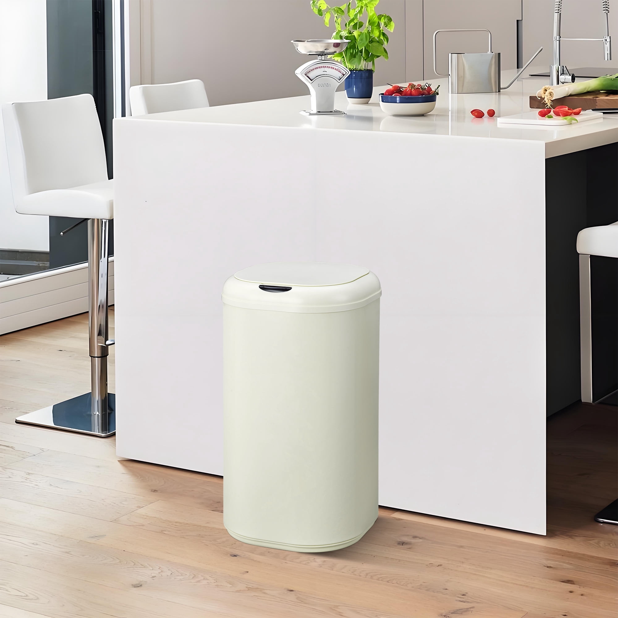 8 Gallon Motion Sensor Kitchen Trash Can, Smart Stainless Steel Garbage Can with Lid, Touchless Automatic Cylindrical Waste Bin for Bathroom, Living Room, Home Office, Beige
